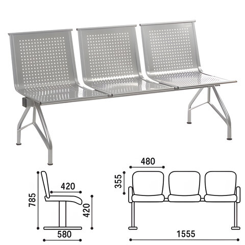 Кресло для посетителей трехсекционное Стилл, 785х1555х580 мм, серебристое