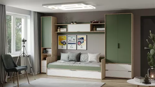 Кровать ТриЯ Лео Гикори джексон/Белый матовый/Дымчатый зеленый